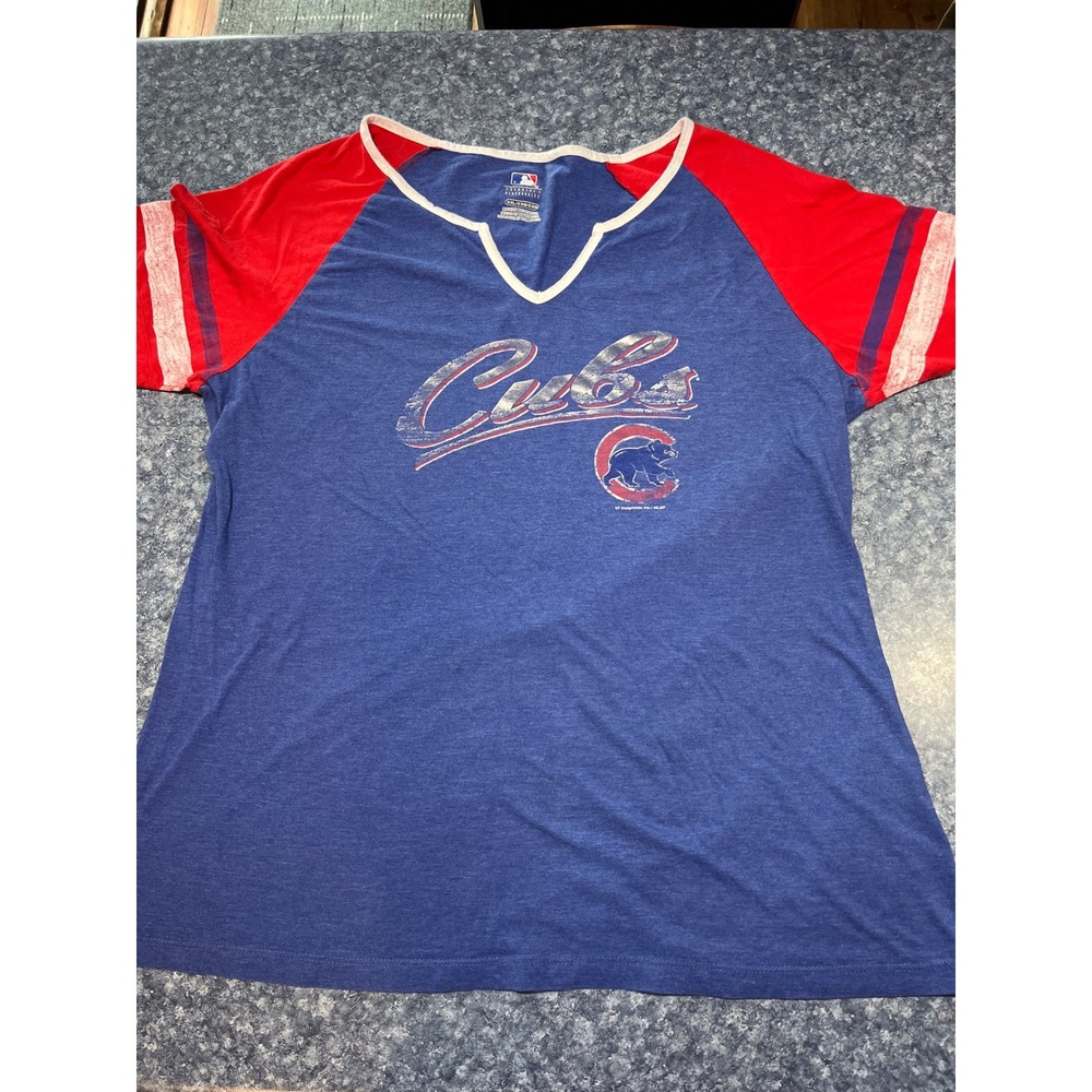 MLB Chicago Cubs T-Shirt Womens XXL Blue Red Raglan V-Neck Distressed Logo Tee